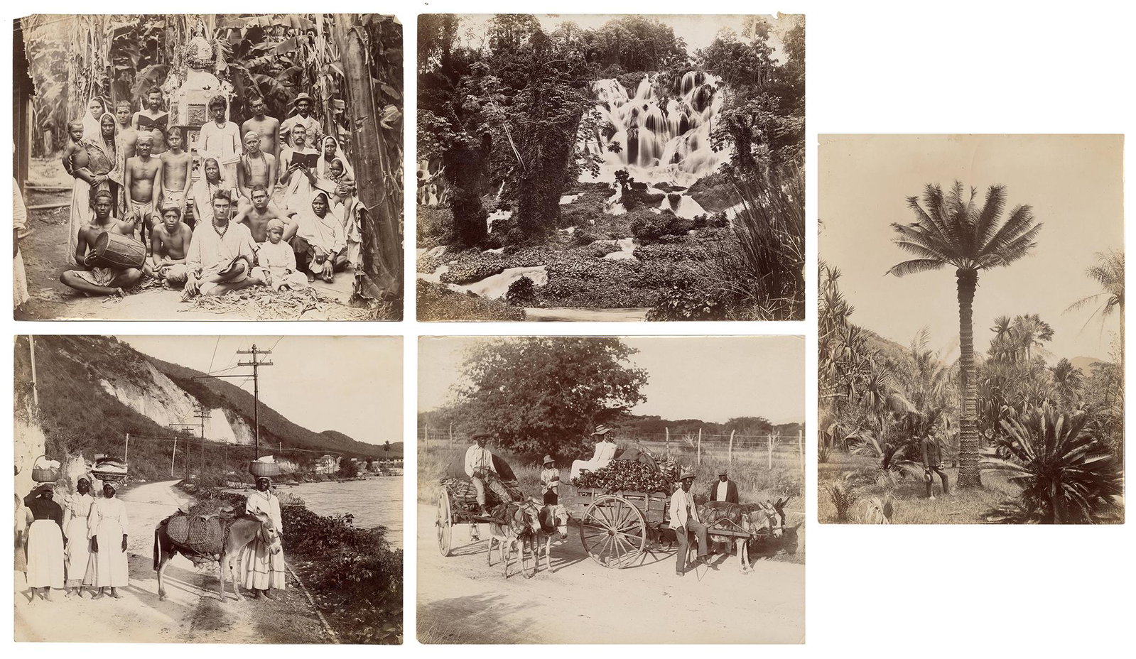 Five Early Photographs of Island Life. Circa 1900s.: Five Early Photographs of Island Life. Circa 1900s. Including scenes of Jamaica (studio stamped A. Duperly & Son on verso), and a tribal scene in Indonesia with Westerners "spreading the faith". Each 