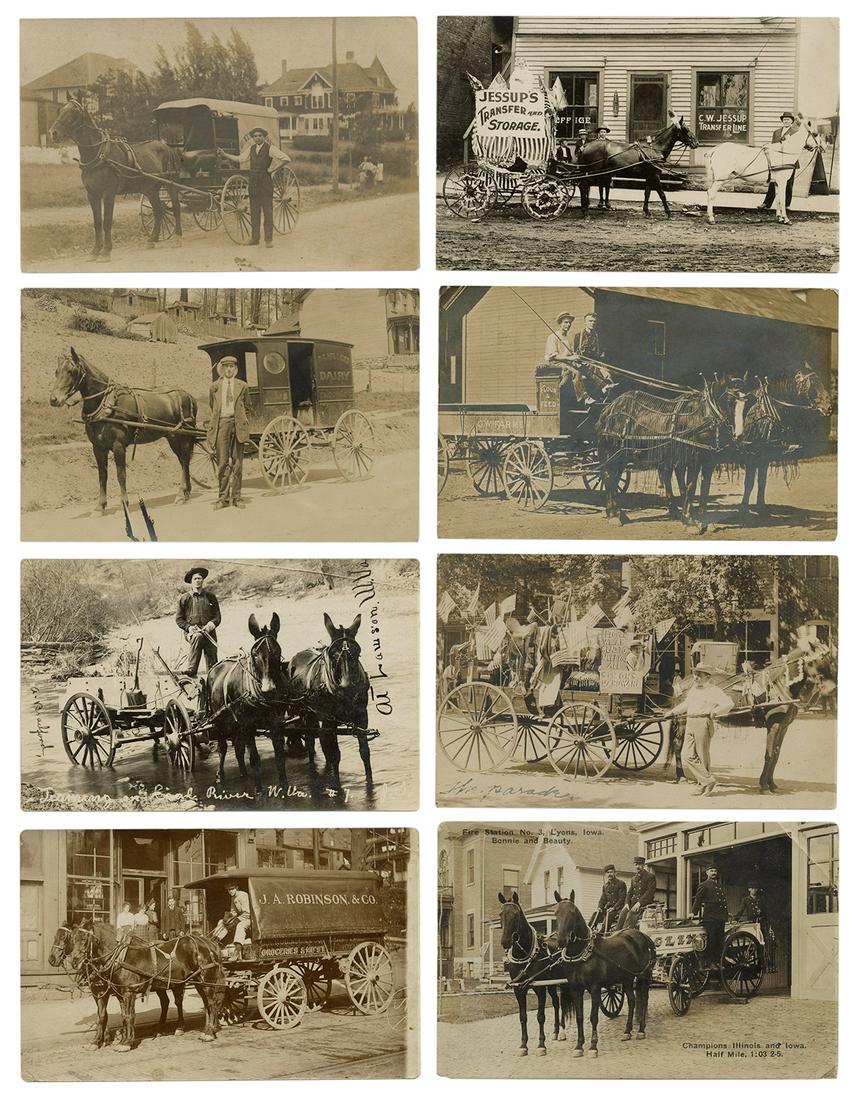 [AUTOMOTIVE] Nine Real Photo Postcards of Horse Drawn: [AUTOMOTIVE] Nine Real Photo Postcards of Horse Drawn Wagons and Buggies. Circa 1900s/1910s. Includes a fire wagon (Fire Station No. 3, Iowa); a patriotic Simmons Hardware wagon; a J.A. Robinson groce