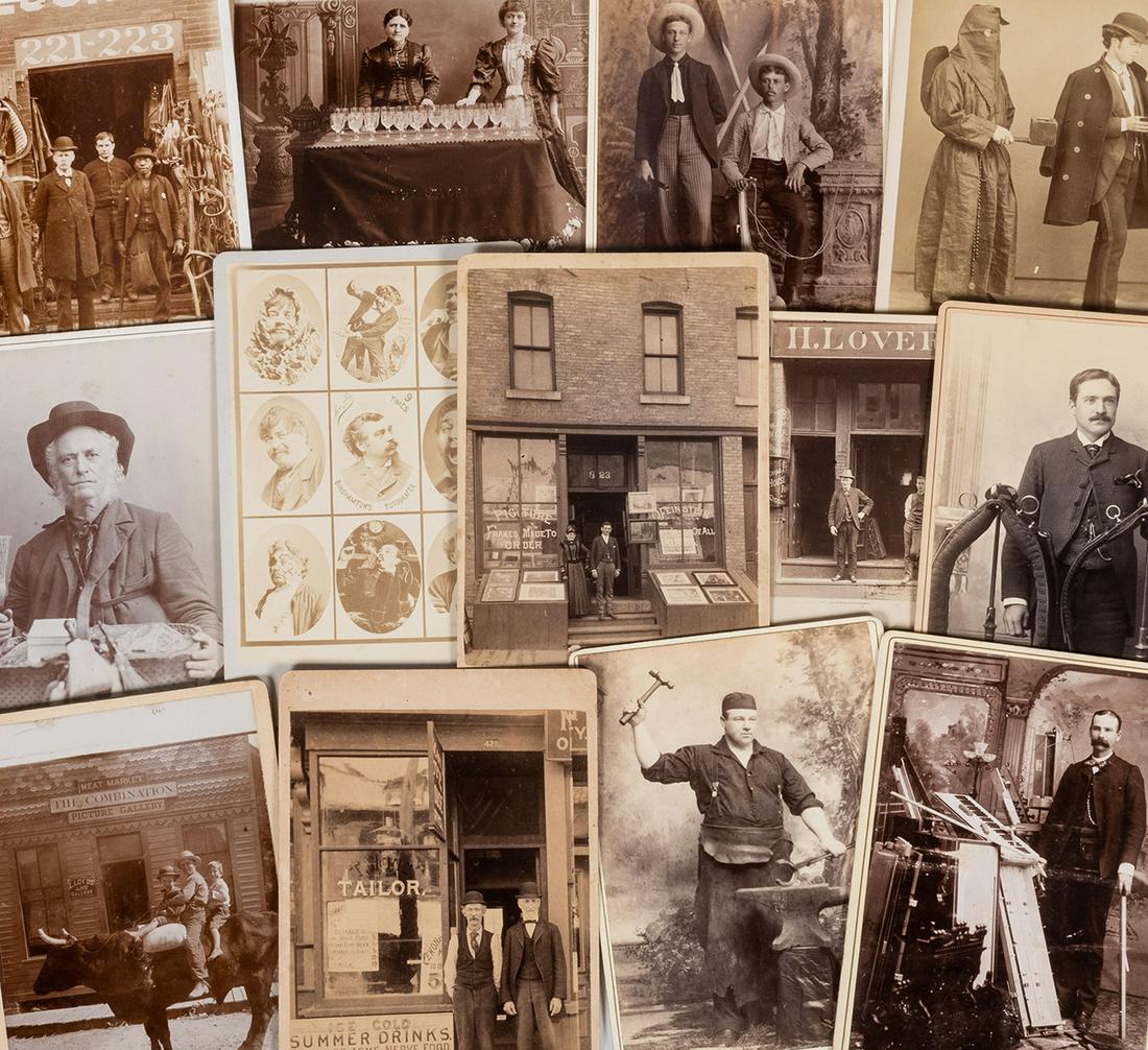 Lot of 13 Occupational Cabinet Cards. Circa 1880s.: Lot of 13 Occupational Cabinet Cards. Circa 1880s. Several studios present. Albumen prints feature a tailor, organ builder, blacksmith, chimney sweep, picture framer, glassblower, saddle makers (one f