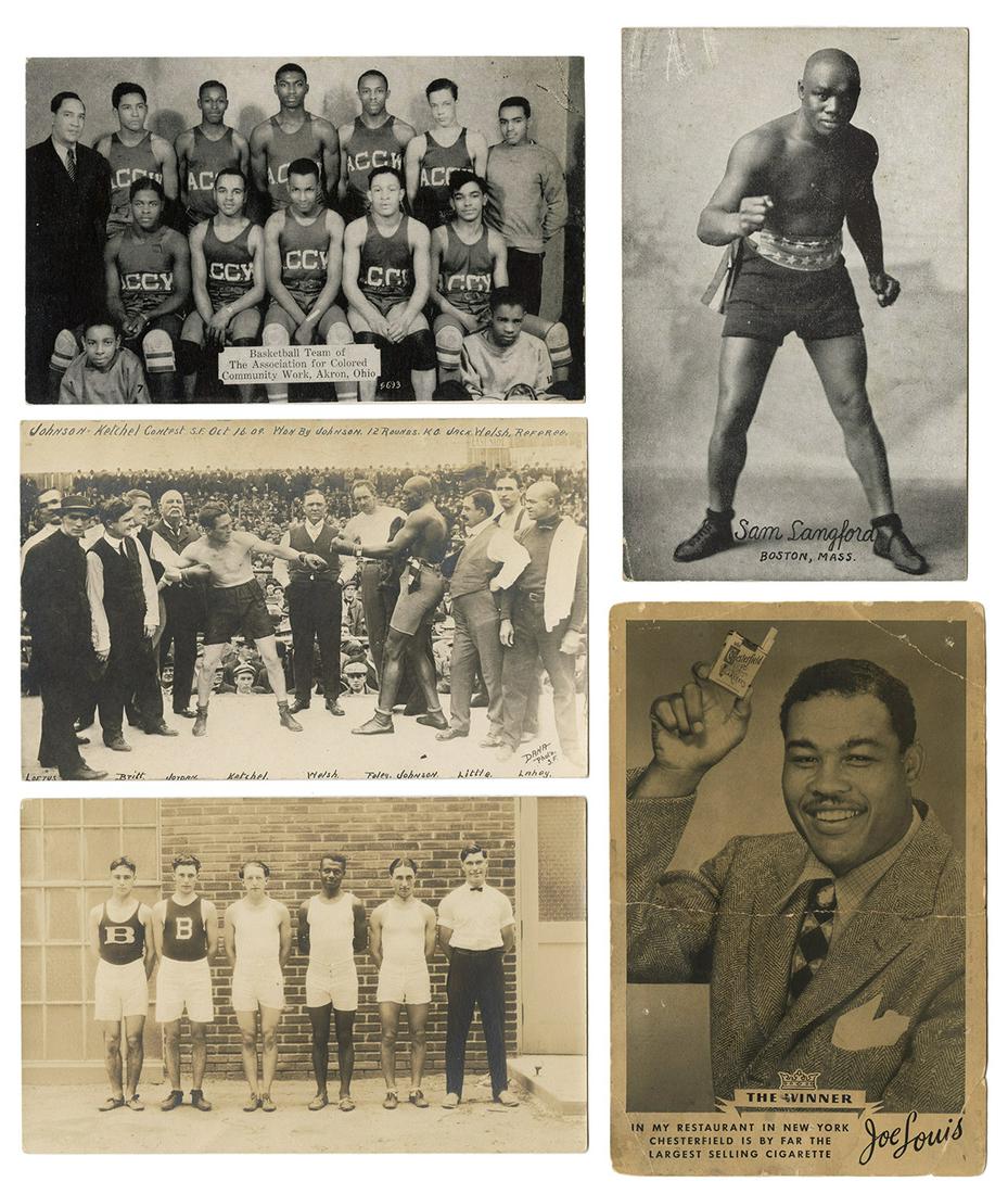 Five Black Americana Boxing and Basketball Related: Five Black Americana Boxing and Basketball Related Postcards. Circa 1900s/20s. Photographic images depicting African American boxers and basketball teams. Athletes include Jack Johnson vs. Jack Welsh