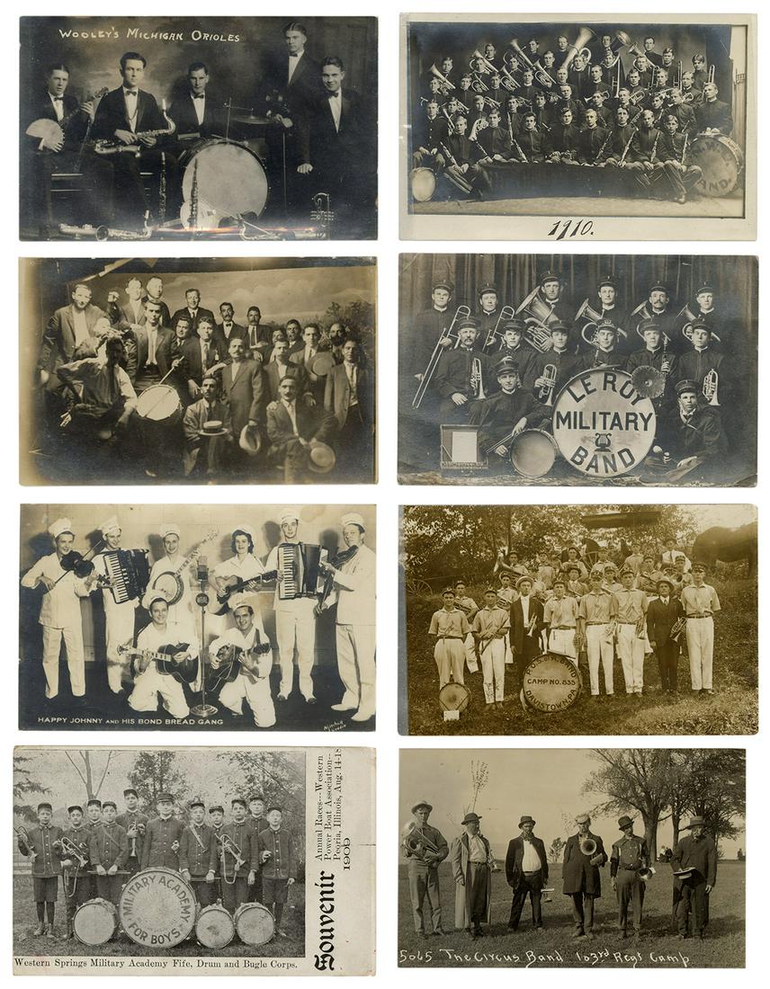 Over 65 Early RPPCs of Musical Bands. A large: Over 65 Early RPPCs of Musical Bands. A large collection featuring concert bands, orchestras, circus bands, military bands, ship bands, jazz bands, ladies and young girls' bands, high school bands, In