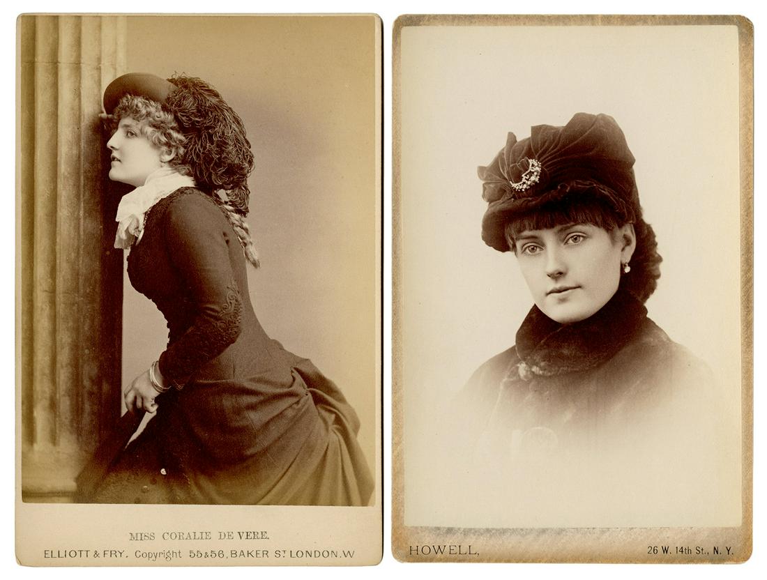 Pair of Famous Actresses Cabinet Card Photographs.: Pair of Famous Actresses Cabinet Card Photographs. Various studios, ca. 1880s. Albumen prints on original studio mounts featuring portraits of Lillian Russell and Coralie de Vere. Lillian Russell was 