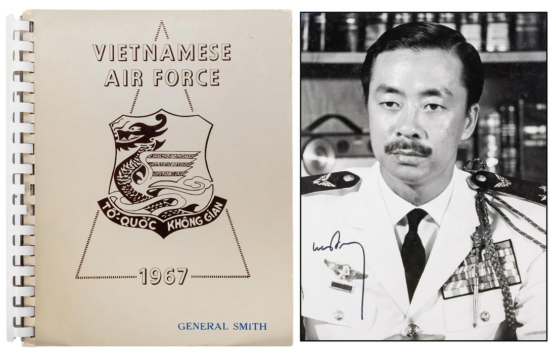 South Vietnamese Air Force Signed Photo Album Prepared: South Vietnamese Air Force Signed Photo Album Prepared for a U.S. General. Pacific Air Forces Information Team, April–May 1967. Original comb bound heavy silver card stock, pictorially stamped and t