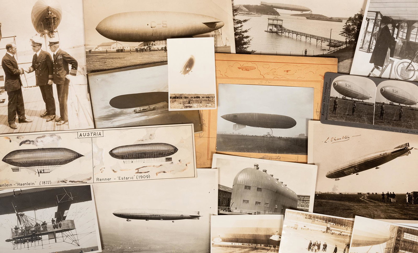 [BALLOONING] Dirigibles and Zeppelin Photograph: [BALLOONING] Dirigibles and Zeppelin Photograph Archive. Ca. 1900-30. 38 photographs of German, French, Belgian and American dirigibles. Largest 8 x 10". Some with edge faults or editing marks. Good.