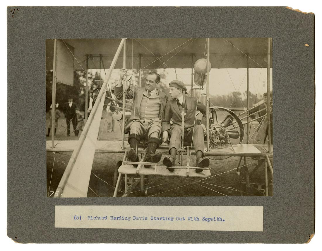 DAVIS, Richard Harding (1864-1916); SOPWITH, Thomas: DAVIS, Richard Harding (1864-1916); SOPWITH, Thomas (1888-1989). Richard Harding Davis and Thomas Sopwith Photograph. Circa 1912. Photograph of author Richard Harding Davis on early airplane piloted b