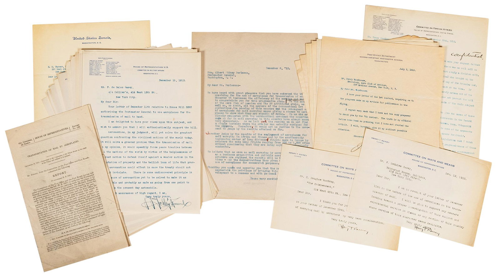Early U.S. Airmail Development Documentary Archive.: Early U.S. Airmail Development Documentary Archive. 1912-13. 30 TLS regarding Congressional approval of bill to allow mail to be carried by airplanes. Henry Woodhouse was an early proponent of the ear
