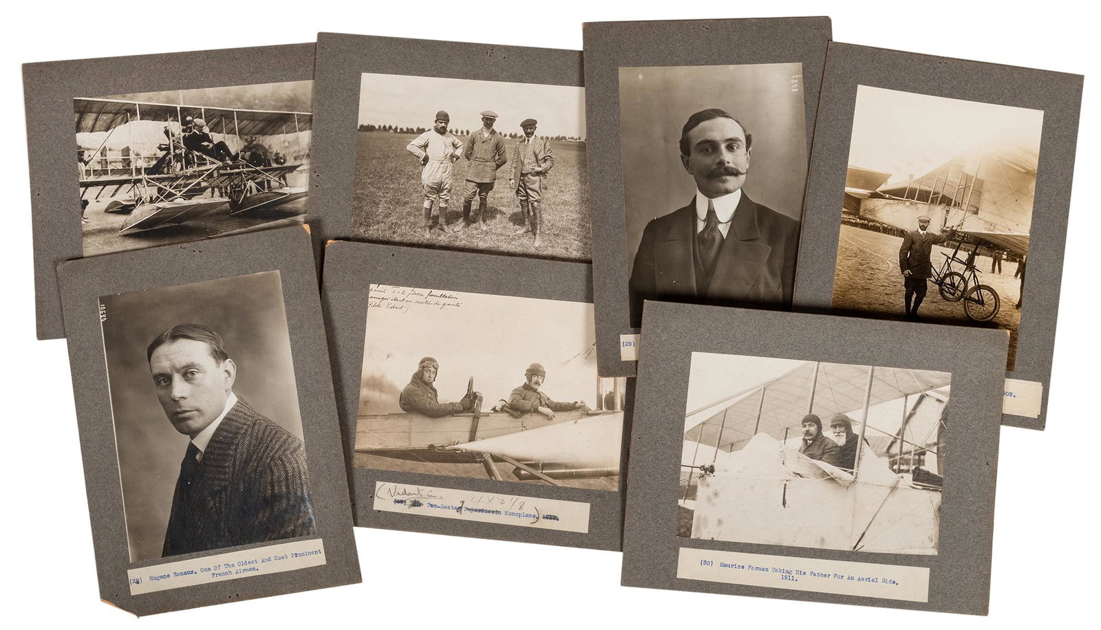 French Air Pioneers and their Machines Photographs.: French Air Pioneers and their Machines Photographs. Circa. 1910. 7 photos of French aviation pioneers, including Rene Vidant in a 2 seat Deperdussin monoplane, Maurice Farman taking his father for an 