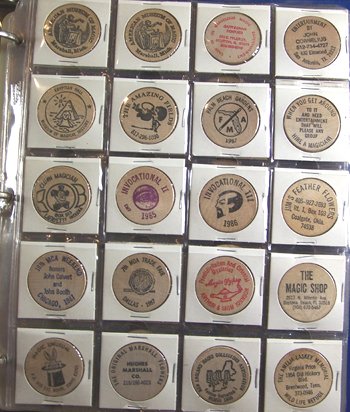An accumulation of over 320 wooden nickels mounted