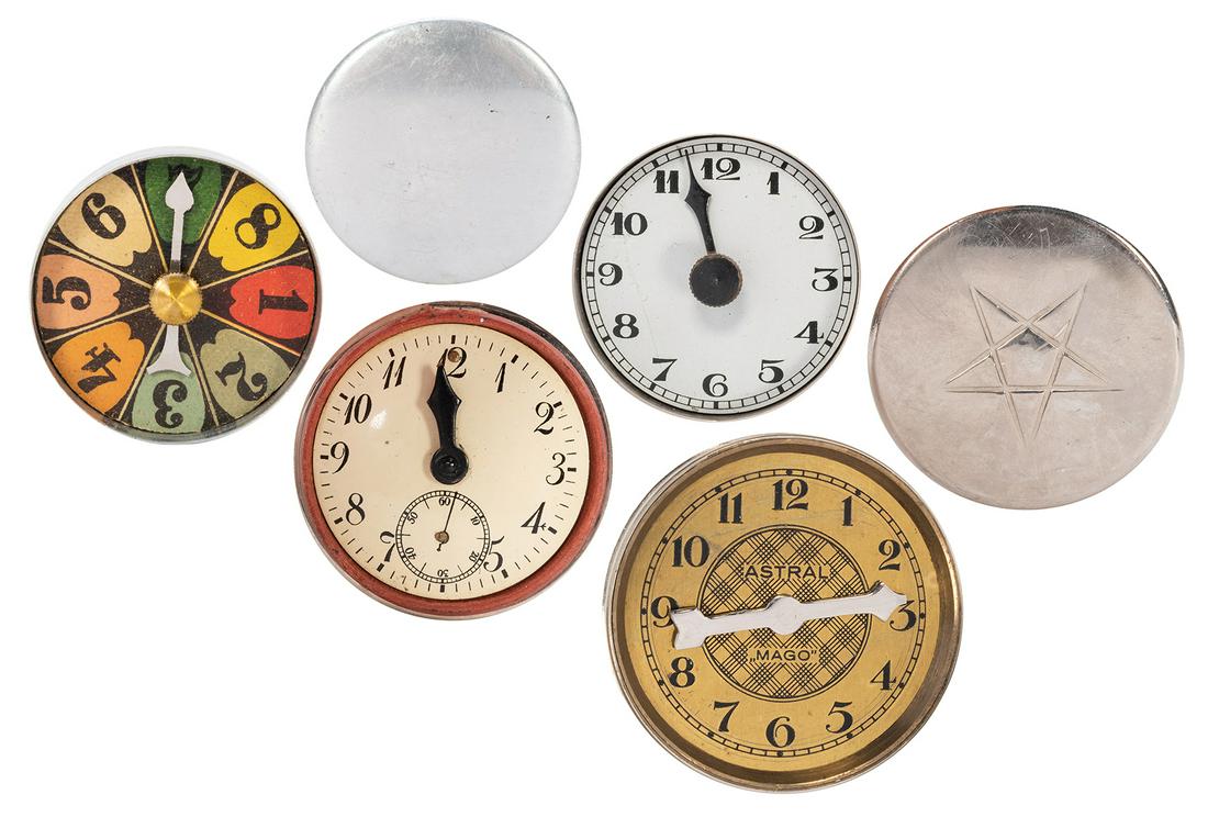 Four Vintage Clock Divinations. German, 1920s –: Four Vintage Clock Divinations. German, 1920s – 30s. Including an “Astral” clock by Mago, and three others. The mind reader instantly knows the time chosen on any clock even though t