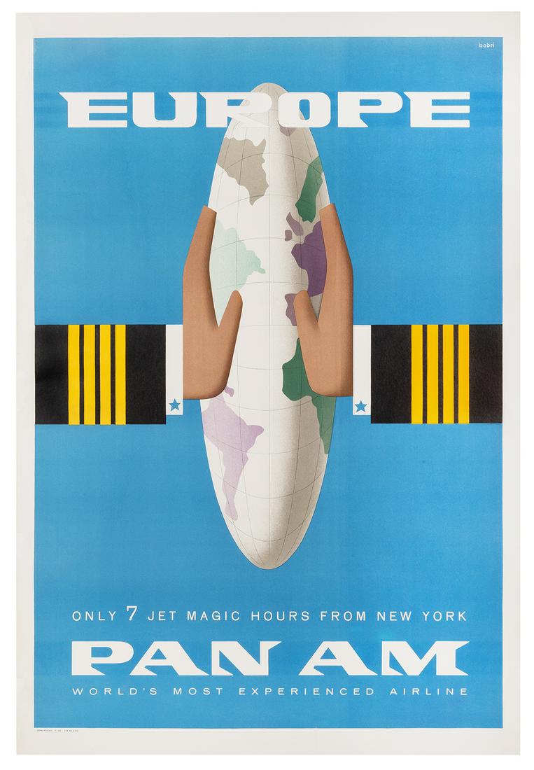 Bobri. Europe / Pan Am. Circa 1960s. A pilot’s: Bobri. Europe / Pan Am. Circa 1960s. A pilot’s arms squeeze together a globe showing New York and Europe are “only 7 jet magic hours” away from each other when flying on Pan Am. 40 x