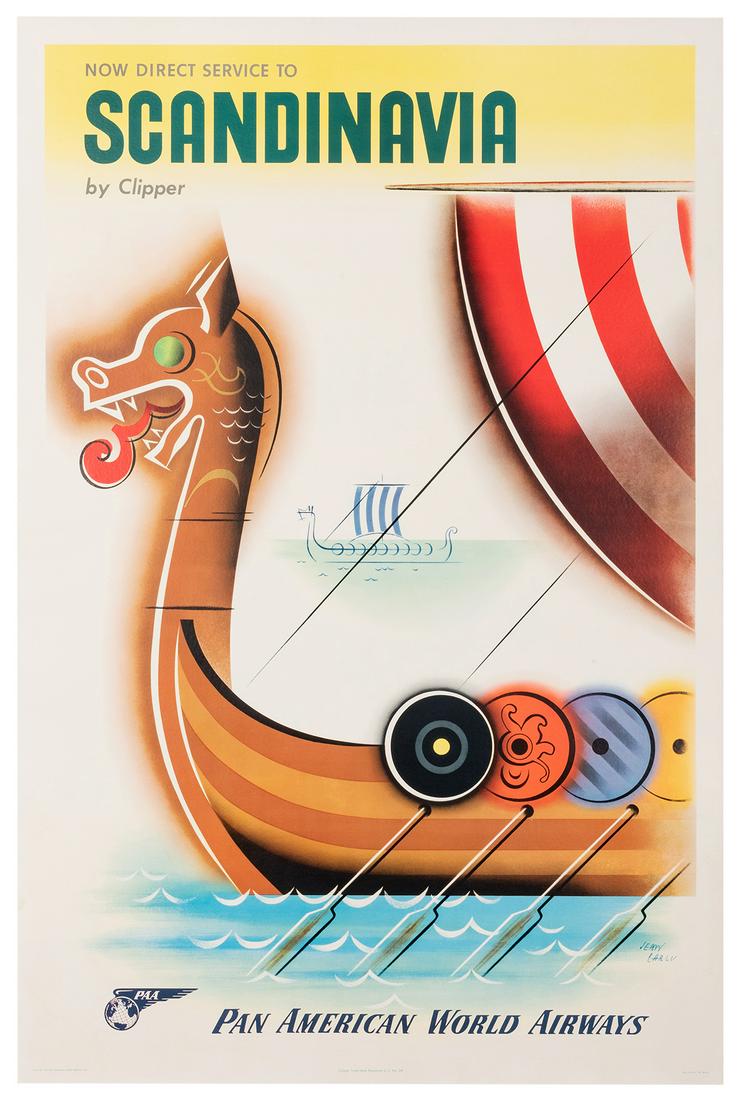 Carlu, Jean George (1900–1997). Pan American: Carlu, Jean George (1900–1997). Pan American World Airways / Scandinavia by Clipper. 1954. A colorful image of a Viking long ship with dragon motif. 42 x 28”. Repaired tears around edges;