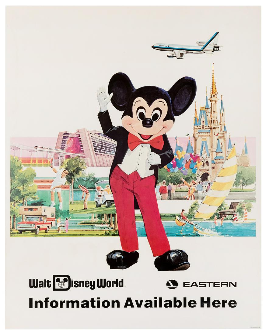 [Disney] Walt Disney World / Eastern Airlines. Walt: [Disney] Walt Disney World / Eastern Airlines. Walt Disney Productions Inc, [1976]. Mickey welcomes visitors to Disney, an Eastern jet flies above. 28 x 22”. Small closed tear to outer margin. L