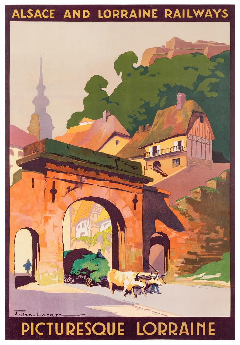 Lacaze, Julien. Alsace and Lorraine Railways /: Lacaze, Julien. Alsace and Lorraine Railways / Picturesque Lorraine. Circa 1920s. Lithograph. 36 ½ x 24”. Scattered repaired tears, a few affecting image, with over-painting. Linen backed.