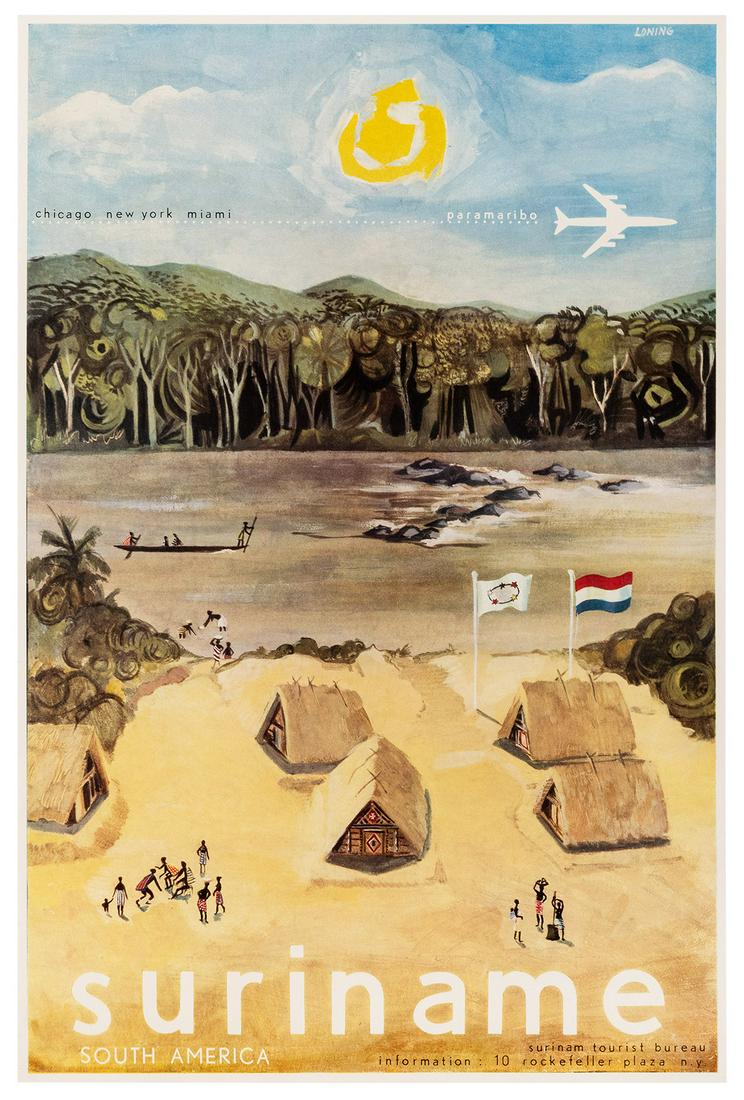 Loning, Nicholas (Dutch, 20th century). Suriname. Circa: Loning, Nicholas (Dutch, 20th century). Suriname. Circa 1950s. Color lithograph issued by the Surinam Tourist Bureau. 25 x 16 ¼”. A-. Linen backed.