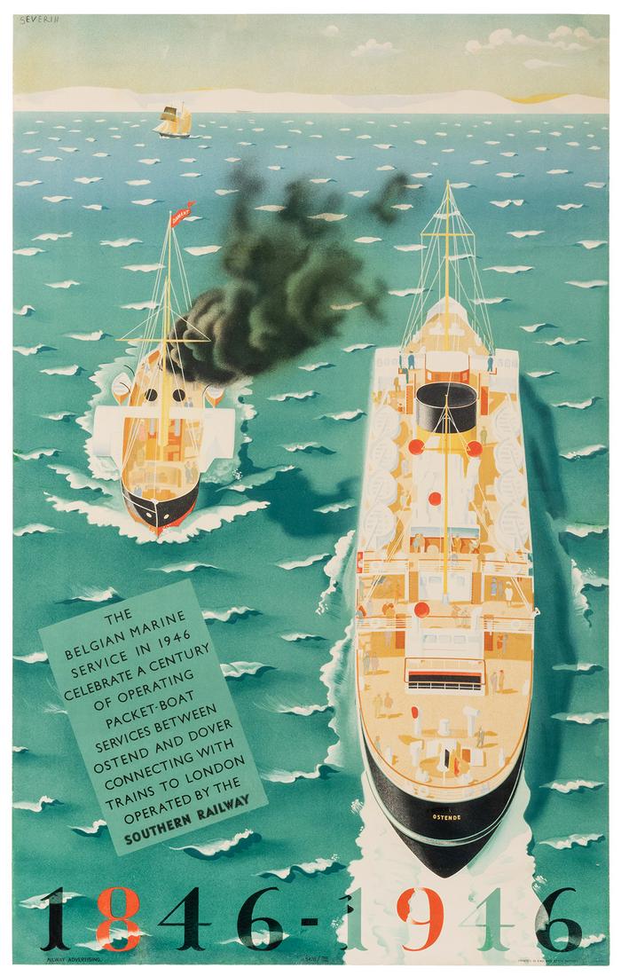 Severin, Marc F. (1906–1987). The Belgian Marine: Severin, Marc F. (1906–1987). The Belgian Marine Service / Southern Railway. London: Baynard, 1946. Lithograph in colors celebrating a century of operating packet-boat services between Ostend an