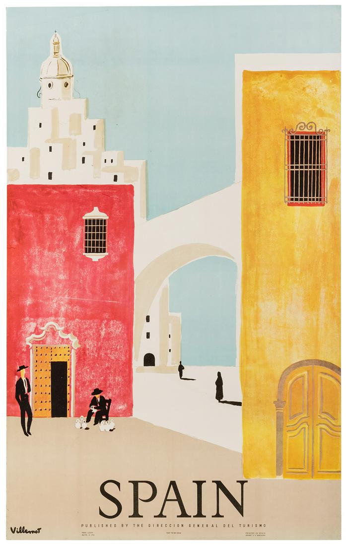 Villemot, Bernard (1911–1989). Spain. Barcelona:: Villemot, Bernard (1911–1989). Spain. Barcelona: Rieusset, ca. 1940s. Lithograph in colors. 39 x 24”. Upper corner creased with few closed tears. Linen backed. A-.