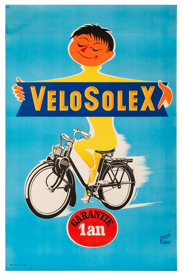 [Bicycles] Ravo, René. Velo Solex. Paris: Avenir,: [Bicycles] Ravo, René. Velo Solex. Paris: Avenir, 1960. Lithograph in colors advertising the French motorized bicycle. 47 x 30”. Few spots of inpainting to upper corner, closed tear to lowe