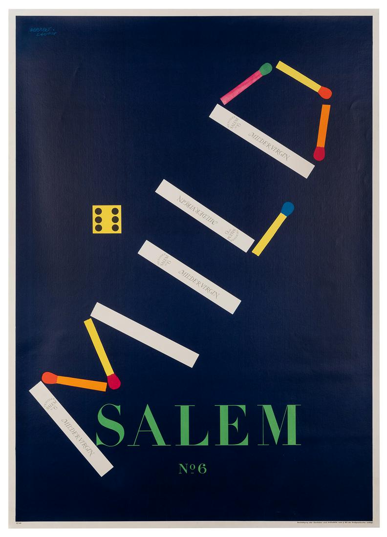 [Tobacco] Leupin, Herbert. Venidez Salem No. 6 / Milder: [Tobacco] Leupin, Herbert. Venidez Salem No. 6 / Milder Virgin. Circa 1955. Lithograph in colors advertising for the cigarette brand. 47 x 33”. Large closed tear to lower image area with several