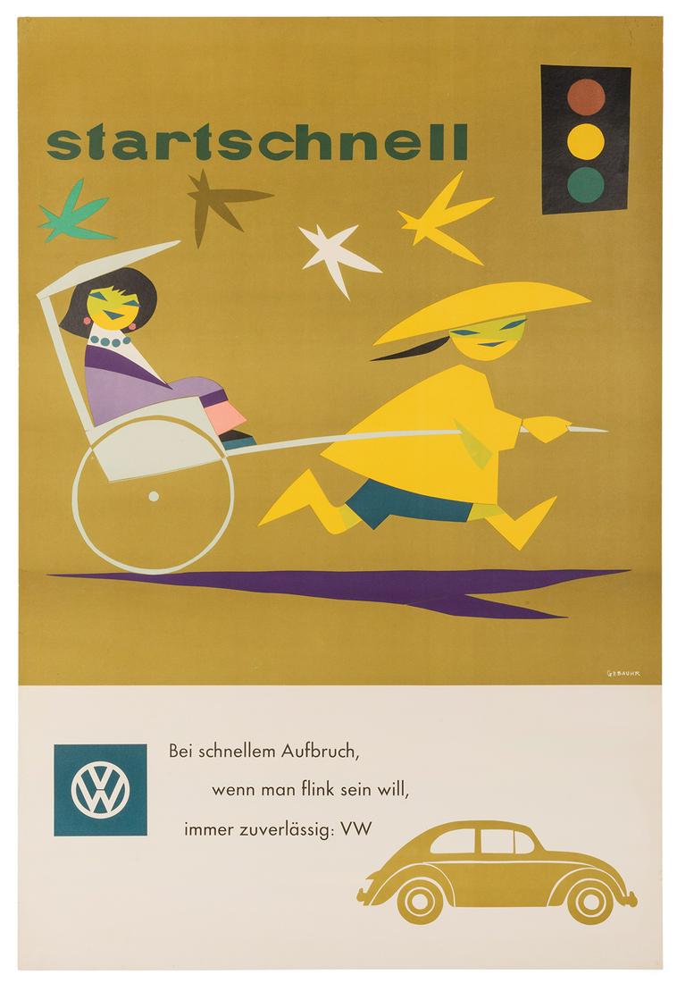 Gebauhr, Hans. Startschnell / [Volkswagen]. Circa 1958.: Gebauhr, Hans. Startschnell / [Volkswagen]. Circa 1958. Colorful advertising poster for the Volkswagen Beetle. 46 x 32”. Pinholes at corners, inpainting to closed tear near upper corner. Linen b