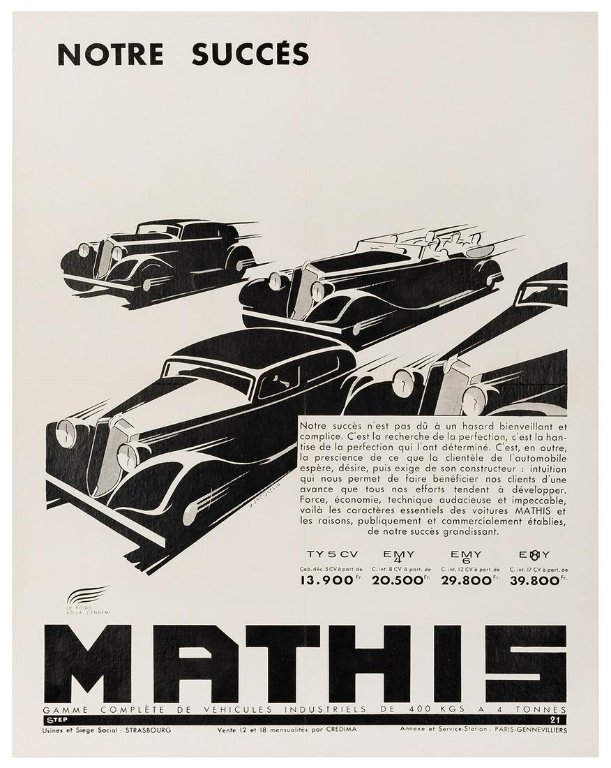 Jacquelin, Jean (1905–1989). Mathis. Paris:: Jacquelin, Jean (1905–1989). Mathis. Paris: Gennevilliers, ca. 1930s. An art deco design of black and white car models. 22 x 17”. Folds present with inpainting. Linen backed. A-.