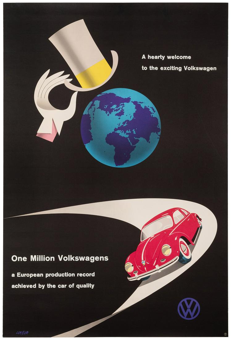 Looser, Hans. One Million Volkswagens. 1955. Lithograph: Looser, Hans. One Million Volkswagens. 1955. Lithograph in colors advertising for the VW Beetle and its newest achievement of one million cars produced. 46 x 31 ½”. Horizontal creases to ou