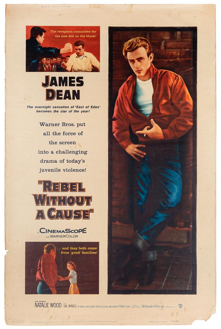Rebel Without a Cause. Warner Brothers, 1955. Style: Rebel Without a Cause. Warner Brothers, 1955. Style “Y”. Starring James Dean and Natalie Wood. Large one-sheet, 60 x 40”. Lower corner tear with loss (marginal only), short creases t