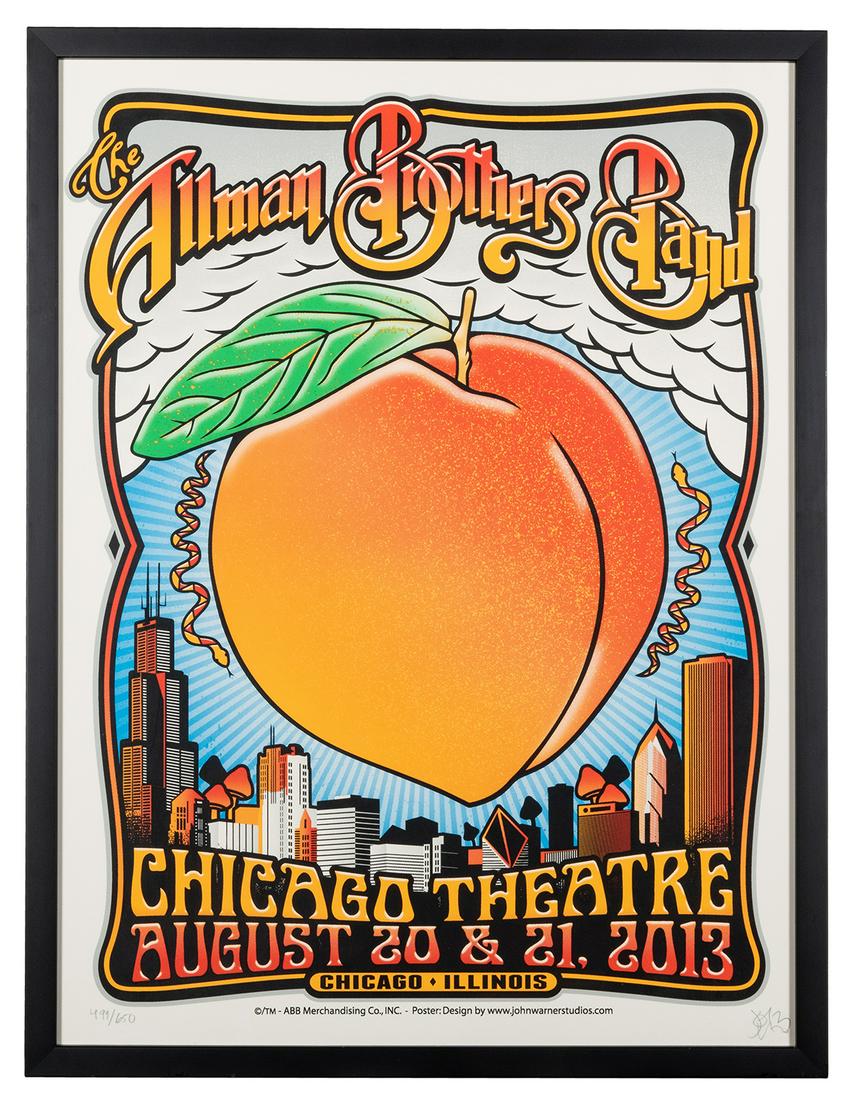 Warner, John. The Allman Brothers Band / Chicago: Warner, John. The Allman Brothers Band / Chicago Theatre 2013. Signed and limited (499/650) in pencil by the artist to lower margin. Framed, 25 x 19”. A.