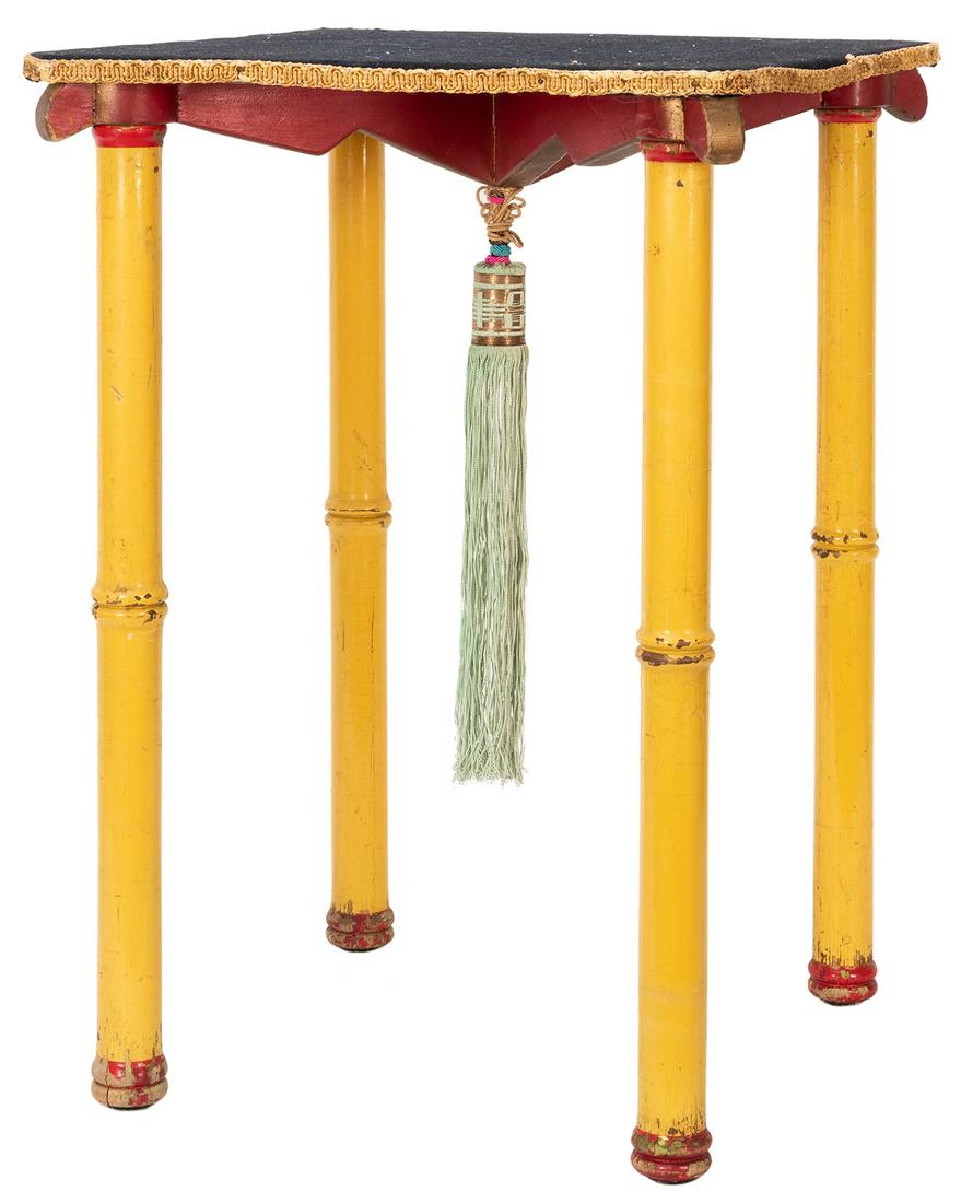 Bamboo Side Table. Alhambra: Owen Magic Supreme, 1950s.: Bamboo Side Table. Alhambra: Owen Magic Supreme, 1950s. Low table with faux bamboo legs and felt-covered top, with central tassel below the surface. Height 22 ¼”. Finish worn. Uncommon in