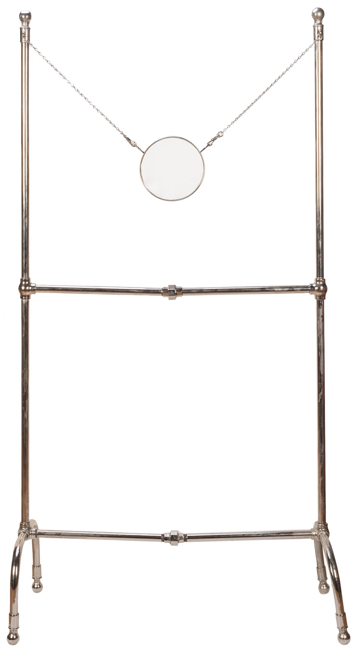 Drum/Tambourine Production with Stand. Circa 1920.: Drum/Tambourine Production with Stand. Circa 1920. Small metal ring is capped with paper forming a makeshift drum, then hung from a nickeled metal stand from chains at either side. The paper is punctu