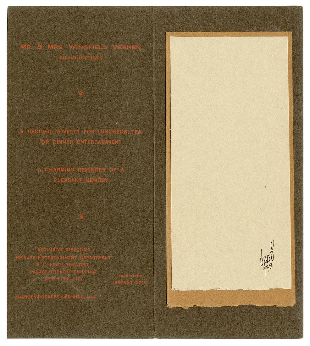 Vernon, Dai (David Frederick Wingfield Verner). Dai: Vernon, Dai (David Frederick Wingfield Verner). Dai Vernon Silhouette Presentation Folder. New York, 1928. Handsome presentation folder for silhouettes cut by â€œMr. & Mrs. Winfield Vernen”