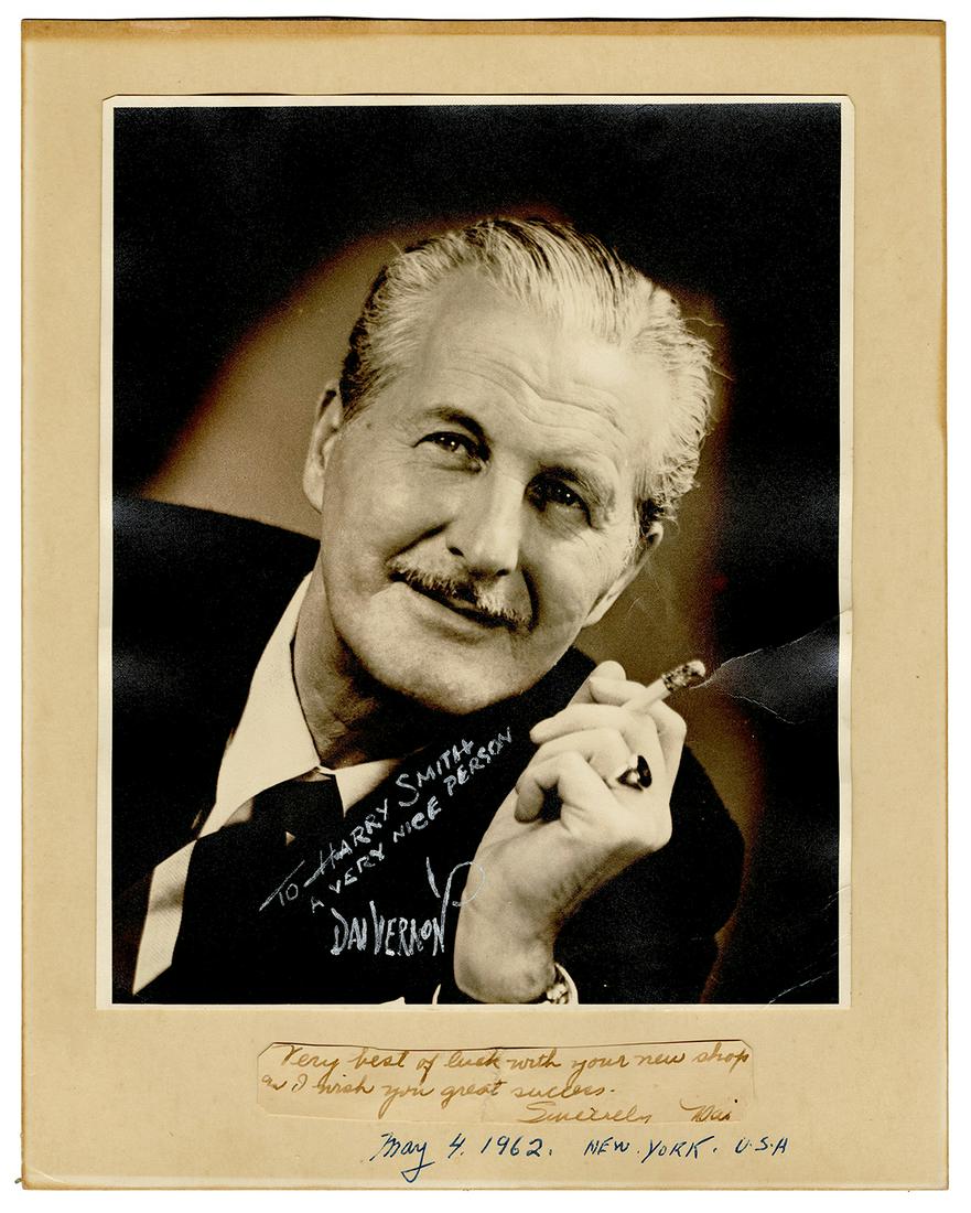 Vernon, Dai (David Frederick Wingfield Verner).: Vernon, Dai (David Frederick Wingfield Verner). Portrait of Dai Vernon, Inscribed and Signed. Classic bust portrait of Vernon from the cover of The Dai Vernon Book of Magic, mounted to a piece of stif