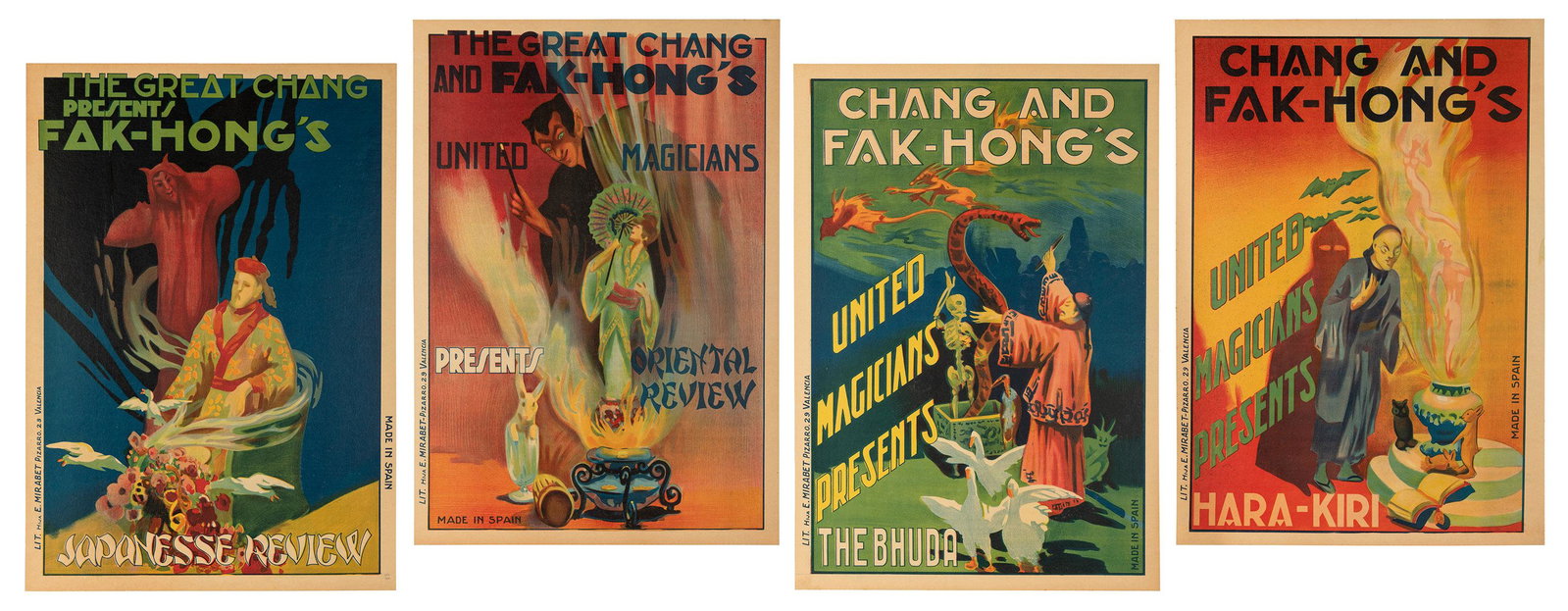 Four Chang and Fakâ€“Hong Magic Posters. Valencia: E.: Four Chang and Fakâ€“Hong Magic Posters. Valencia: E. Mirabet, ca. 1920s. Lithograph in colors including Haraâ€“Kiri, Japanese Review, The Bhuda, and the Oriental Review. 25 x 17”. Lin