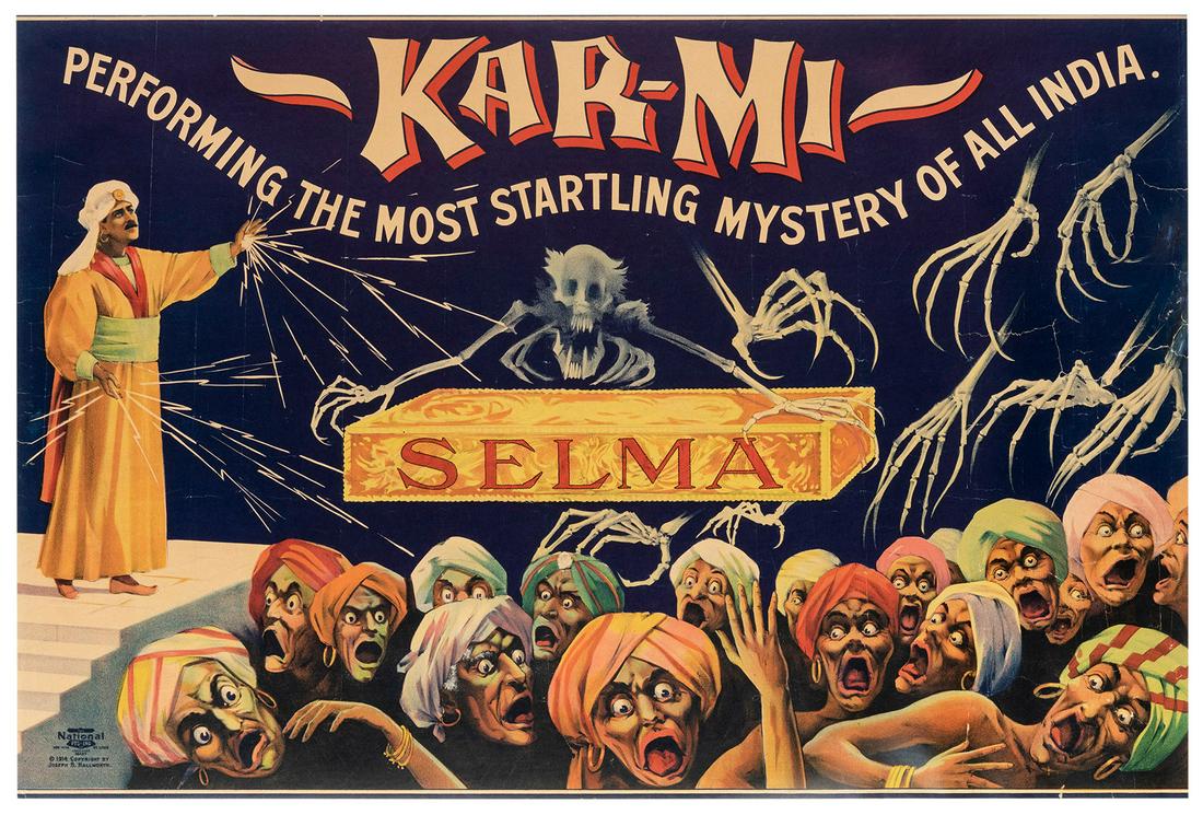 Kar-Mi (Joseph Hallworth). Kar-Mi / Selma. Performing: Kar-Mi (Joseph Hallworth). Kar-Mi / Selma. Performing The Most Startling Mystery of All India. St. Louis: National Ptg. & Eng., 1914. Color lithograph depicting the magician levitating a sarcophagus. 