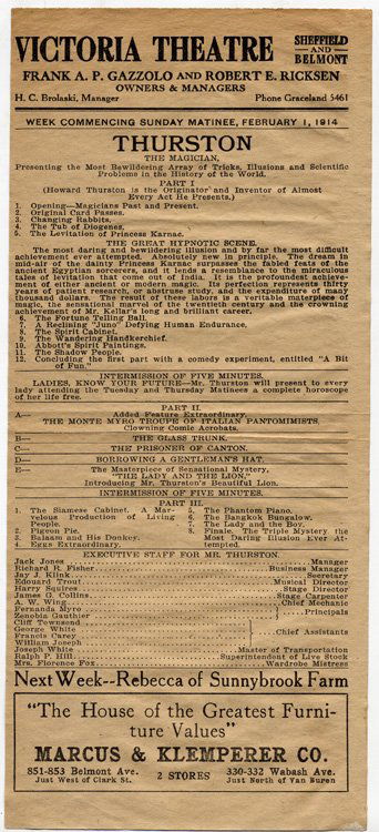 Thurston, Howard. Group of five theatre playbills.: Thurston, Howard. Group of five theatre playbills. For performances in Chicago and St. Louis, and featuring Theodore Bamberg, The Levitation of Princess Karnak, Lady and Lion, "Abbott's Spirit Picture