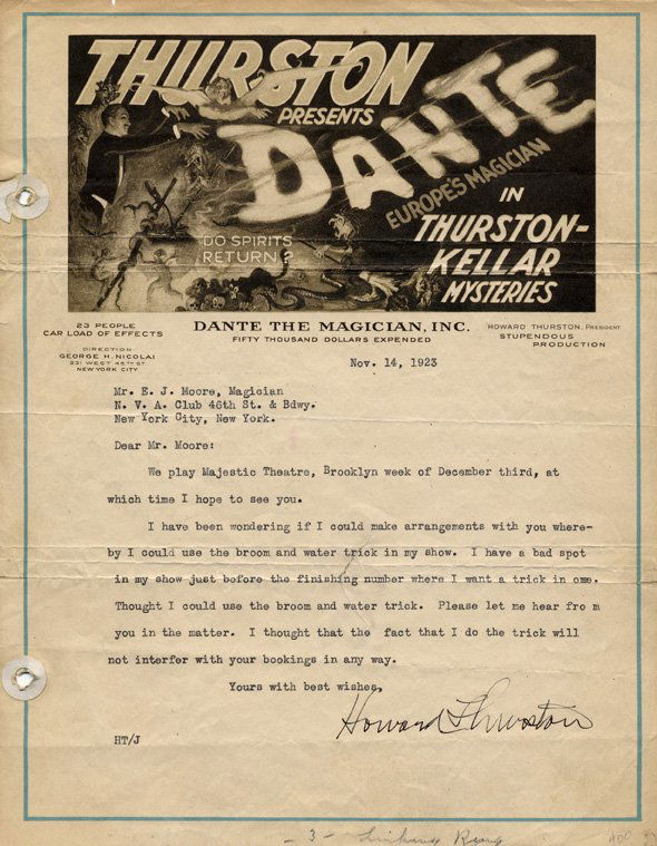 Thurston, Howard. One page TLS to E.J. Moore.: Thurston, Howard. One page TLS to E.J. Moore. Dated Nov. 14, 1923, Thurston writes to Moore regarding a "broom and water trick" he would like to purchase from Moore and perform it "just before the fin