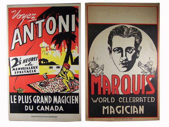 Group of 12 different window cards.: [Window Cards] Group of 12 different window cards. Each measuring approximately 14 x 22". Magicians represented include Marquis (door hanger), Mandrake, Ovette, Antoni, Ken Griffin, L. Raymond Cox, an