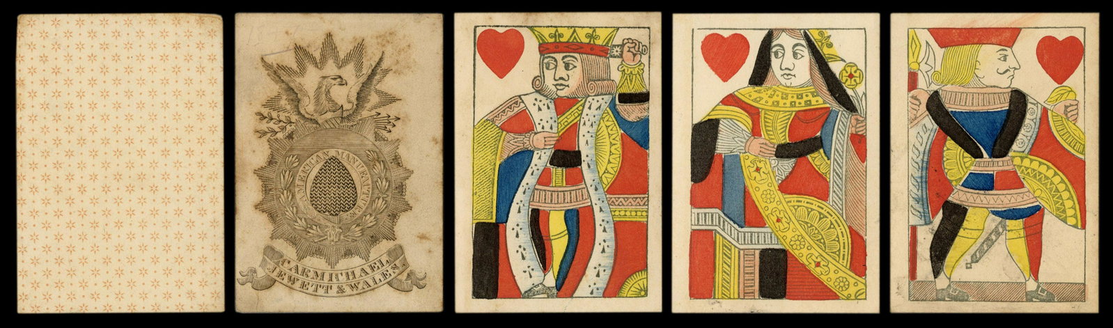 Carmichael, Jewett & Wales Playing Cards. American, ca.: Carmichael, Jewett & Wales Playing Cards. American, ca. 1840. 39/52. Elaborate engraved Ace of Spades with “American Manufacture” text surrounding central pip. Printed asterisk backs. Unco