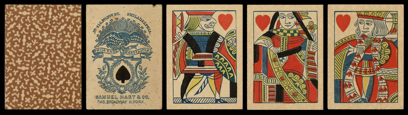 Samuel Hart & Co. Faro Playing Cards. New: Samuel Hart & Co. Faro Playing Cards. New York/Philadelphia, ca. 1860s. 52 (complete). One-way courts. Square corners. Backs brown with odd shapes. Small chip to top edge of AS; scattered light spotti