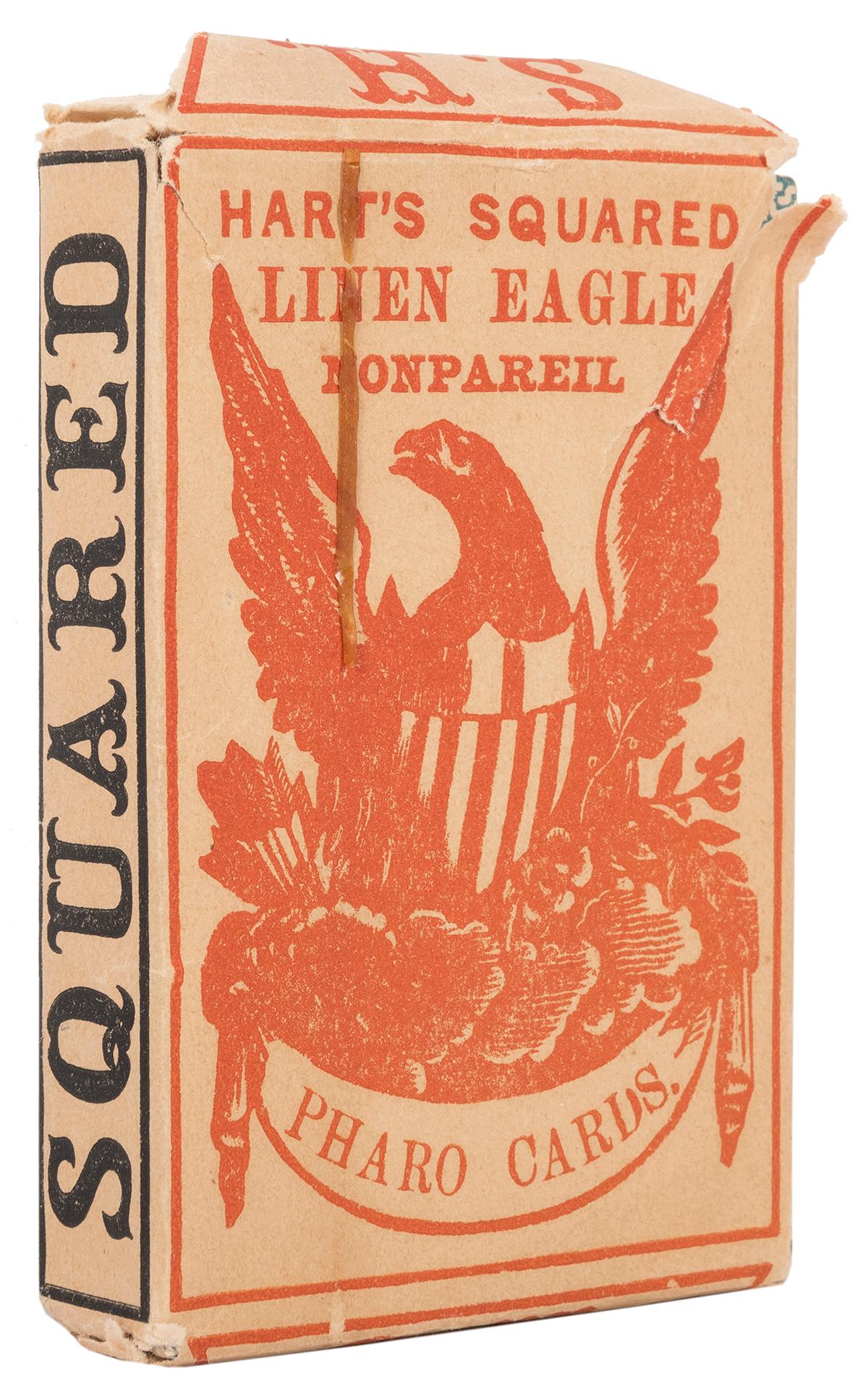 Samuel Hart & Co. Linen Eagle Pharo (Faro) Playing: Samuel Hart & Co. Linen Eagle Pharo (Faro) Playing Cards. New York, ca. 1890s/1900s. 52 (presumed). Retains original wrapper printed in black and red. Wrapper with some tears and desiccated rubber ban