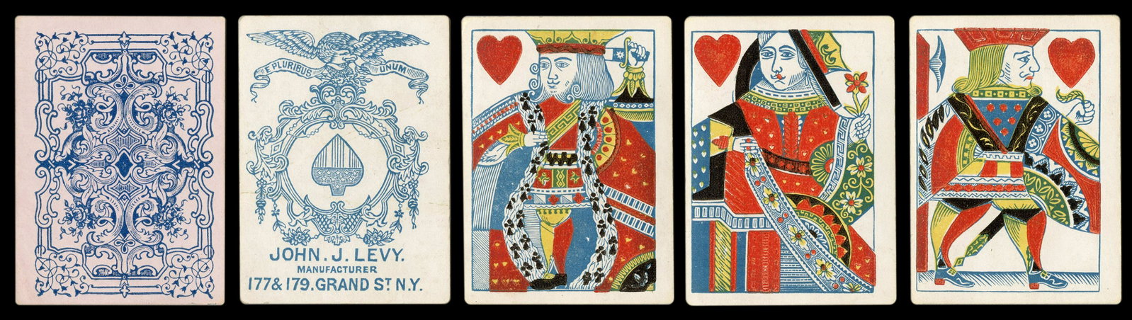 Jno. [John] J. Levy Playing Cards. New York, ca. 1860s.: Jno. [John] J. Levy Playing Cards. New York, ca. 1860s. 52 (complete). One-way courts. Pale pink backs with navy design. JC skinned in one corner, otherwise very good. Hochman NY17.