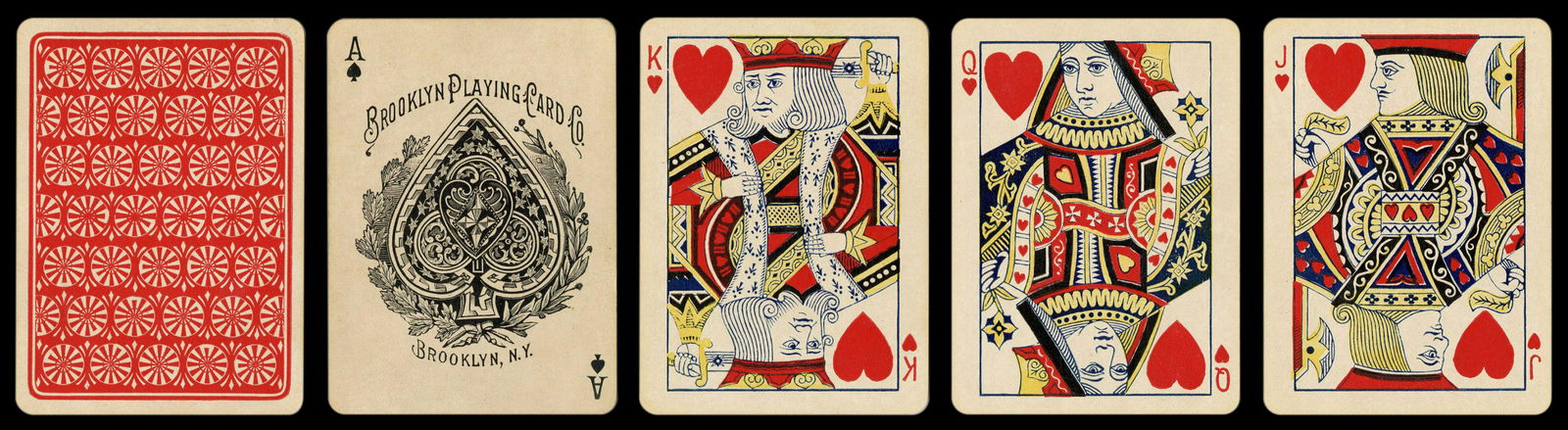 Brooklyn Playing Card Co. Playing Cards. Brooklyn, ca.: Brooklyn Playing Card Co. Playing Cards. Brooklyn, ca. 1896. 52 + OB. Backs red and white pinwheels. Box heavily worn, lacks flaps, other losses; deck very good. Hochman L38. Rare.