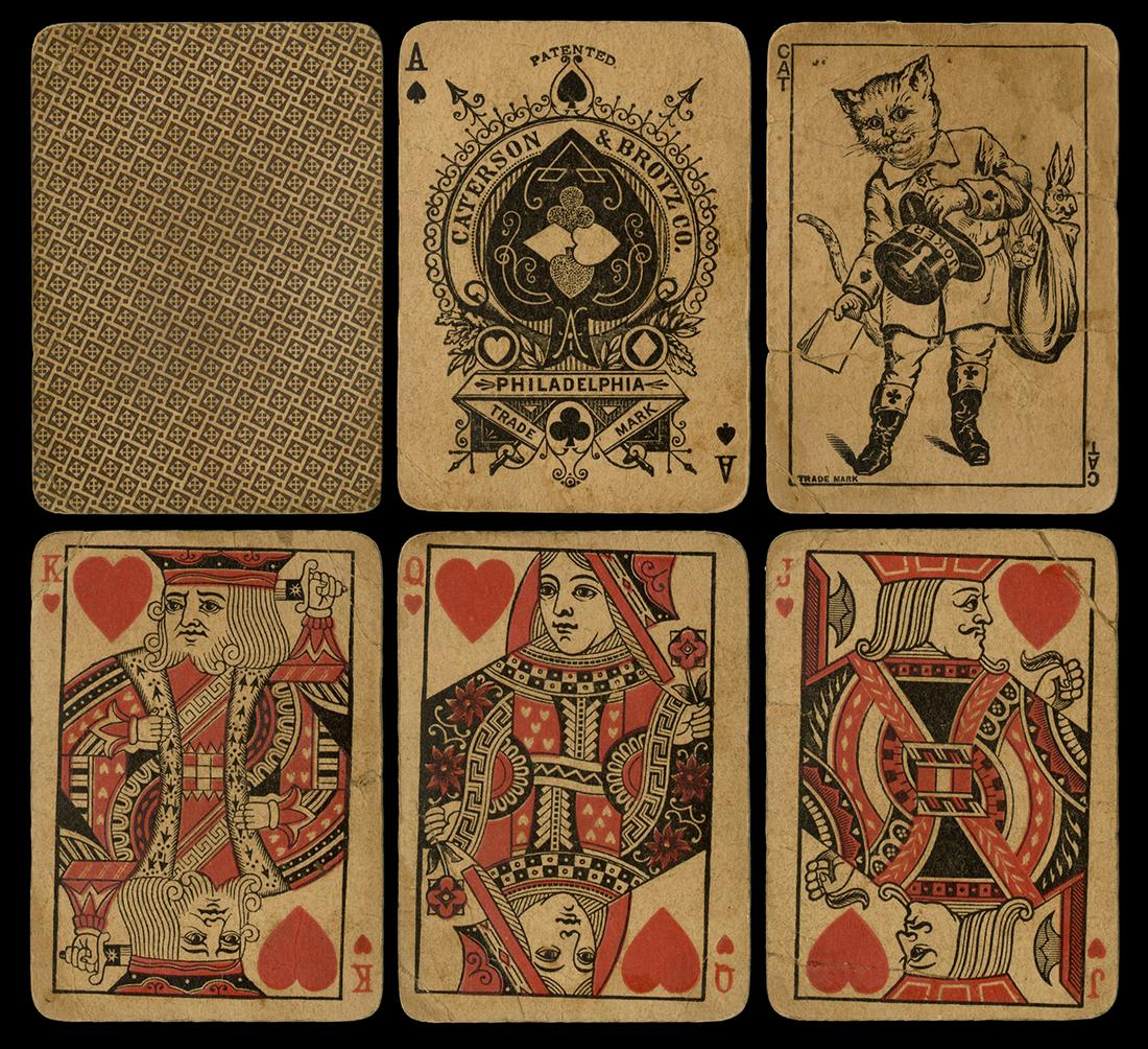 Caterson & Brotz League Playing Cards. Philadelphia:: Caterson & Brotz League Playing Cards. Philadelphia: Caterson & Brotz, ca. 1880. The earliest Caterson & Brotz pack. 52+J (cat joker). Soiled and worn, with several torn corners and chips. Scarce. Hoc