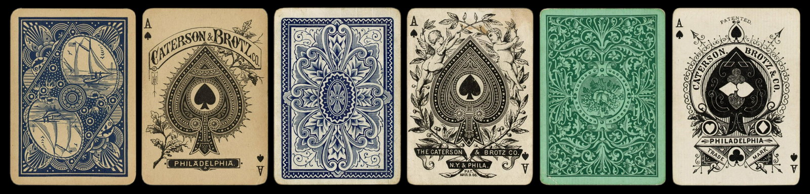 Three Caterson & Brotz Playing Card Packs.: Three Caterson & Brotz Playing Card Packs. Philadelphia: Caterson & Brotz, ca. 1880-86. Two with blue backs, one green. Different AS in each pack. All three decks complete (52), but lacking jokers. Ge
