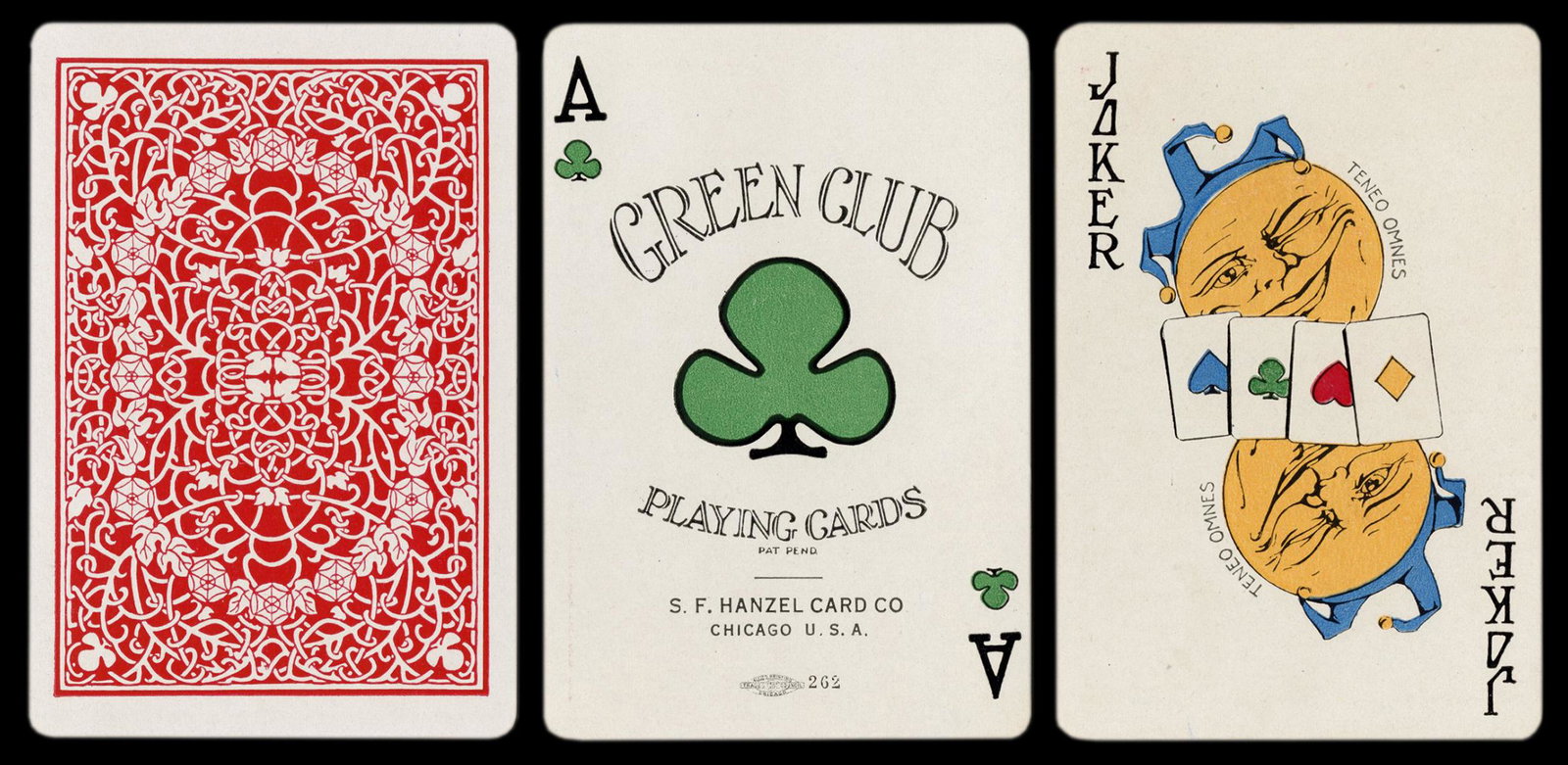 Green Club No Revoke Playing Cards. Chicago: S.F.: Green Club No Revoke Playing Cards. Chicago: S.F. Hanzel Card Co., 1923. 52 + J + OB. Near mint. Each suit a different color: spades blue, clubs green, diamonds yellow, hearts red. Hochman NR6.