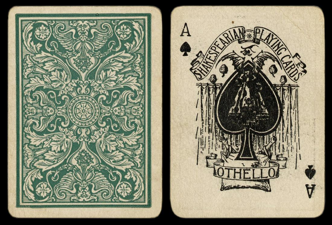 Shakesperian Card Co. “Othello” Playing: Shakesperian Card Co. “Othello” Playing Cards. [New York], ca. 1910. 52 (lacks Joker) + OB. Ink marks on 2H; a few creased corners. Box lacks one side and end flaps. Hochman NY54b. Uncommo