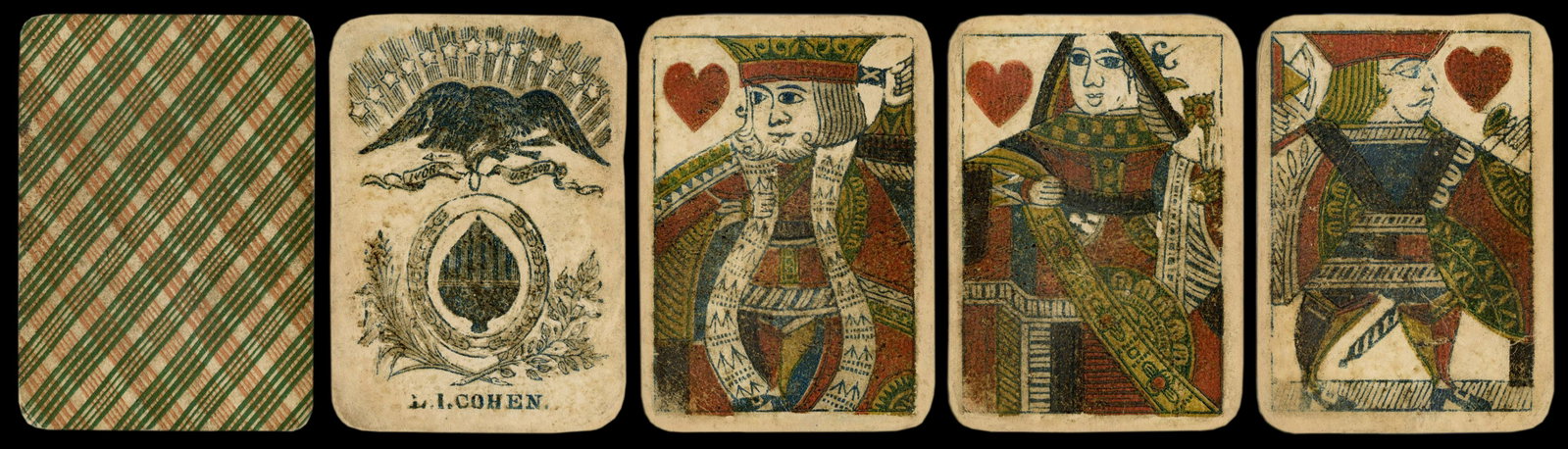 L.I. Cohen Highlanders Playing Cards. New York: L.I.: L.I. Cohen Highlanders Playing Cards. New York: L.I. Cohen, ca. 1862. 52 (complete). Civil War-era deck. Rounded corners. Blue and red steamboat-like back design. All cards worn and toned as expected.