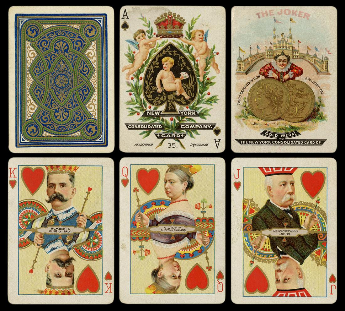 New York Consolidated “Illuminated” Royal: New York Consolidated “Illuminated” Royal Playing Cards. New York: NYCC, 1894. 52 + J. Commemorates the Alliance of Germany, Austria and Russia (subsequently replaced by Italy), with suits