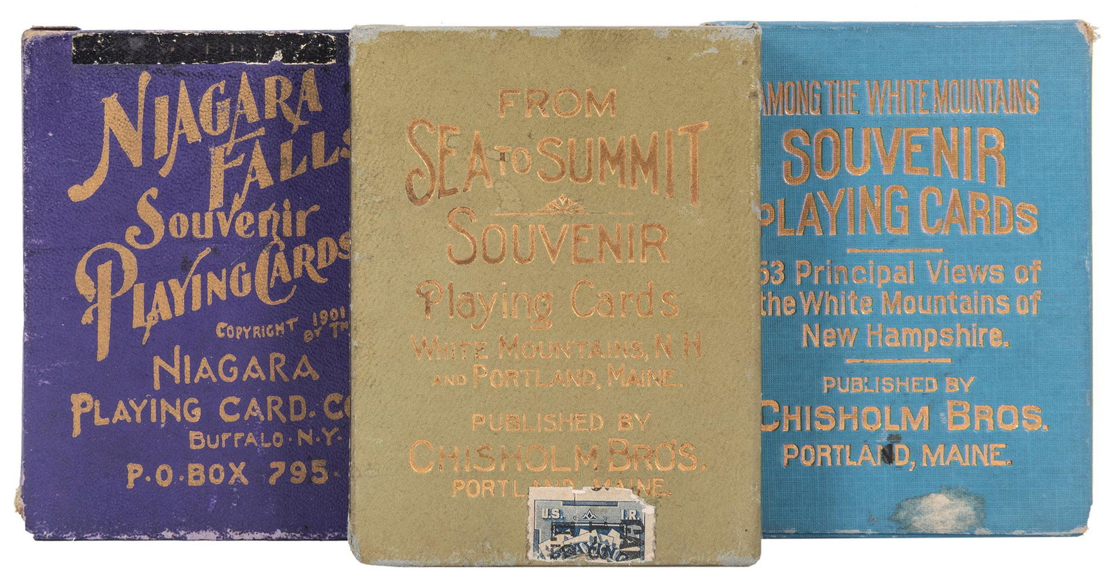 [New England] Trio of Souvenir Playing Card Decks.: [New England] Trio of Souvenir Playing Card Decks. Including Sea to Summit: White Mountains, N.H. and Portland, Maine (52 + J + Title Card + OB), gilt edges; Among the White Mountains (52 + J + EC + O