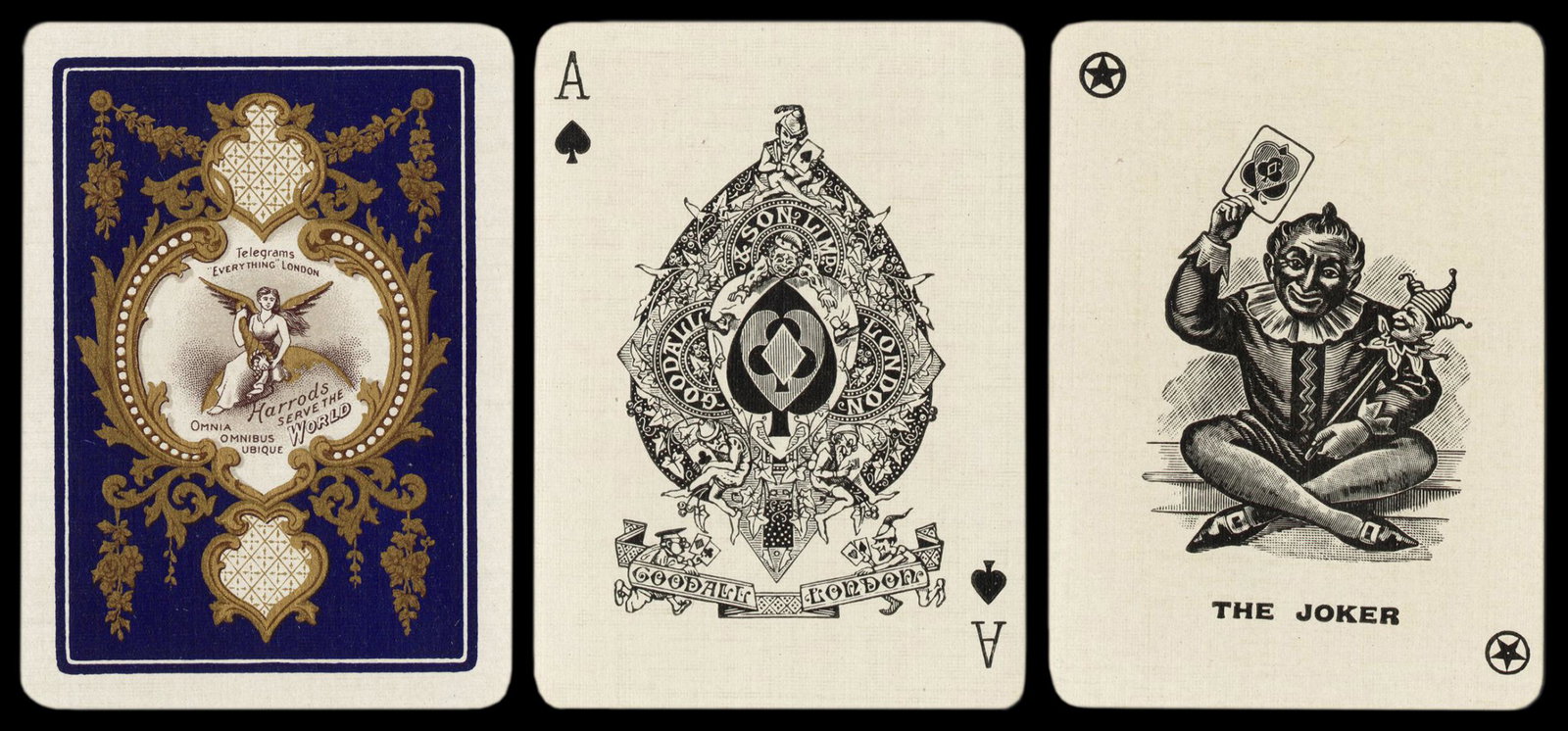Goodall Playing Cards for Harrods, London. London, ca.: Goodall Playing Cards for Harrods, London. London, ca. 1900s. 52 + J + OB. Retains “Gold Medal” wrapper. Back printed in purple and gilt, advertising Harrods. Near fine.