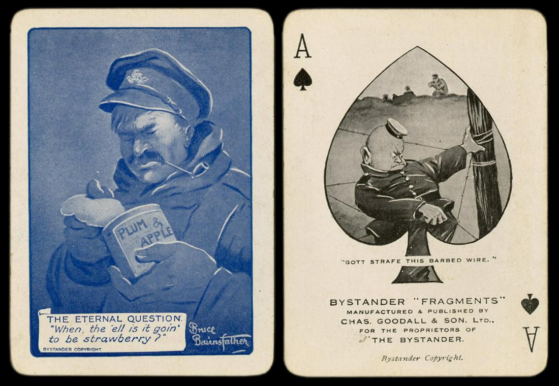 Bystander “Fragments” Playing Cards.: Bystander “Fragments” Playing Cards. England: Chas. Goodall (for Bystander), ca. 1915. 52+OB (taped). Back design by Bruce Bairnsfather, bearing a cartoon of a British soldier, with comedi